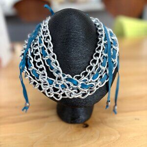 Silver Multi Strand Chain with Blue Suede Lace Statement Necklace